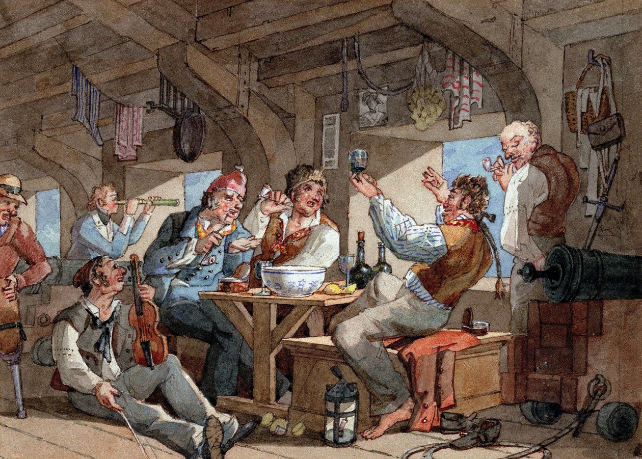 Sjömän som dricker på nedre däck på sitt fartyg, scen med violinist och piprökare, linne som ligger på ett rep och utrustning ombord (svärd, gevär, kanon, lampa) av William Henry Pyne