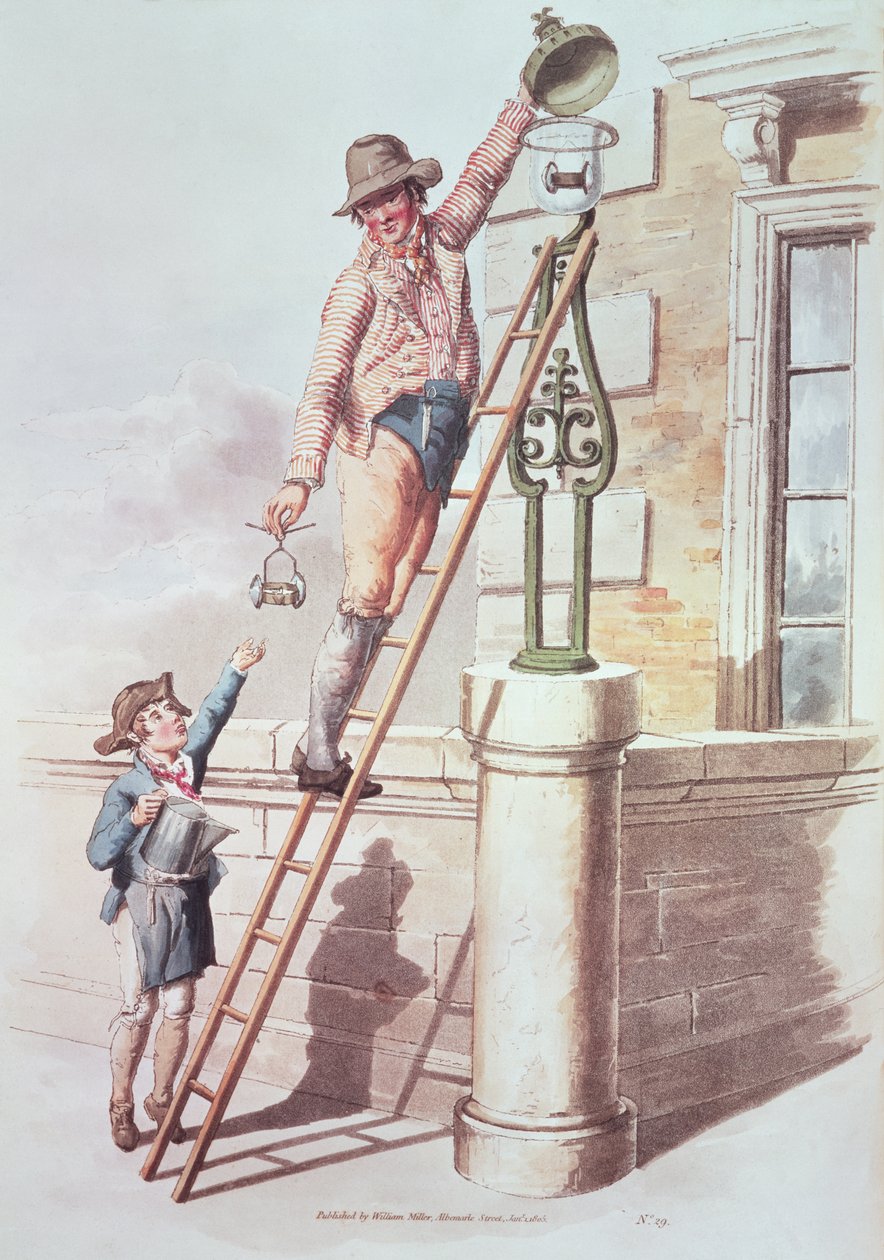 Lamplighter från "Costume of Great Britain", 1805 (tryck) av William Henry Pyne