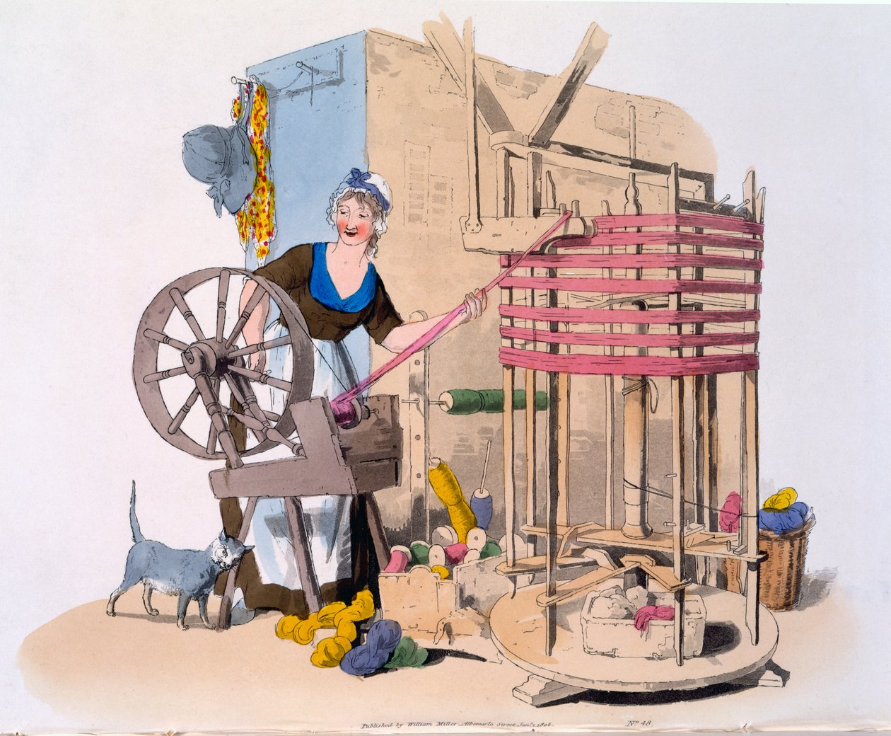Kvinna som spinner ull på en roterande maskin för att göra nystan, 1808 (handfärgad akvatint) av William Henry Pyne