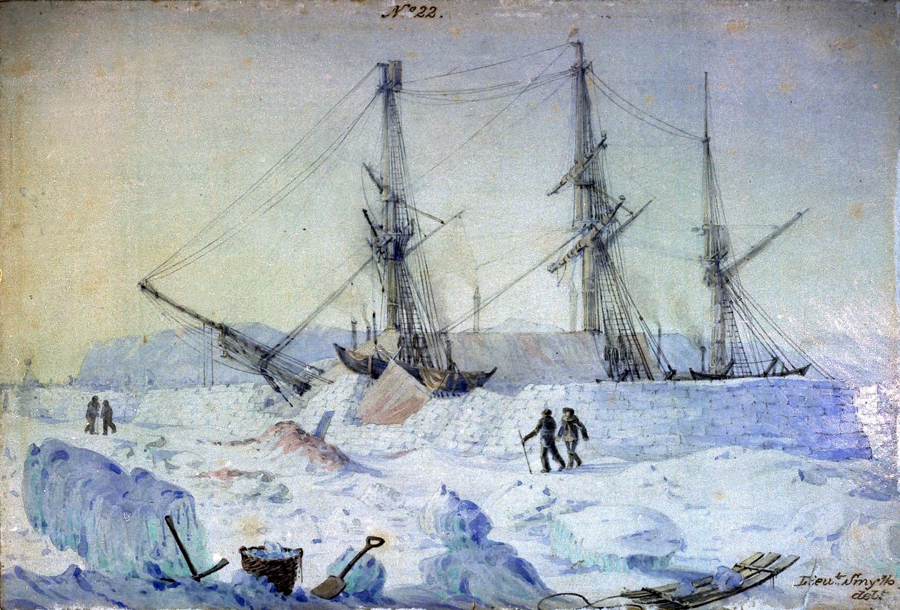 "Nr 22 är en vy över fartygets babordssida med en effekt av soluppgången i februari 1837 och som visar snöväggarnas tillstånd vid den tidpunkten av William Henry Smyth