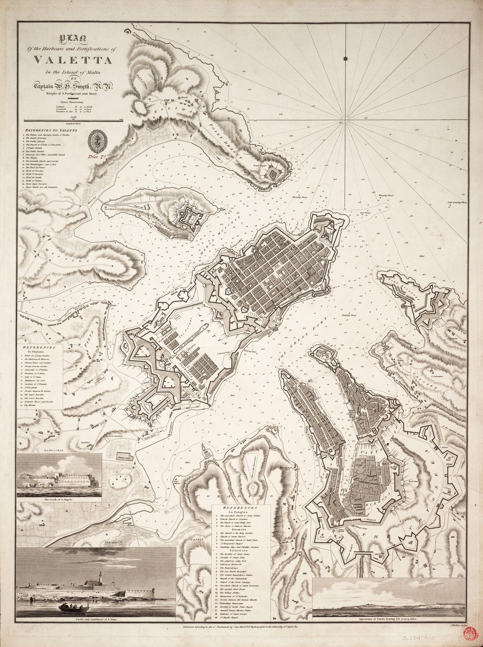 Plan över hamnarna och befästningarna i Valetta på ön Malta, ca 1821 (gravyr) av William Henry Smyth