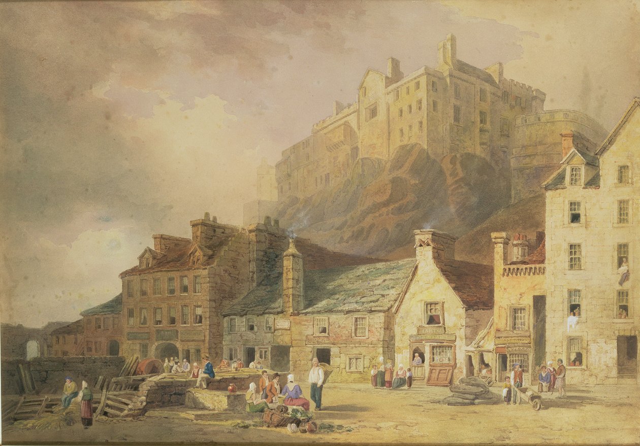 Edinburgh Castle från Grass Market, som visar Little West Port, ca 1820 (wc och sepia) av William Henry Stothard