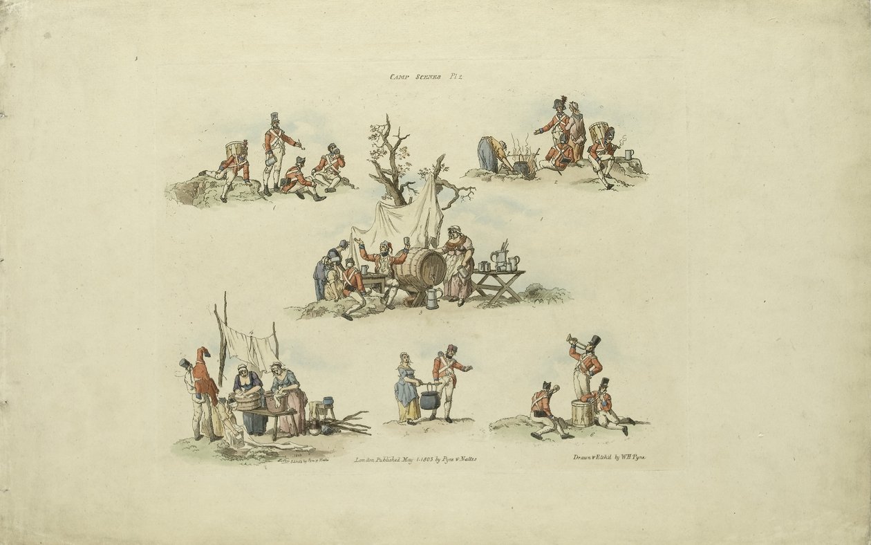 Camp Scenes, 1803 (färgad etsning) av William Henry after Pyne