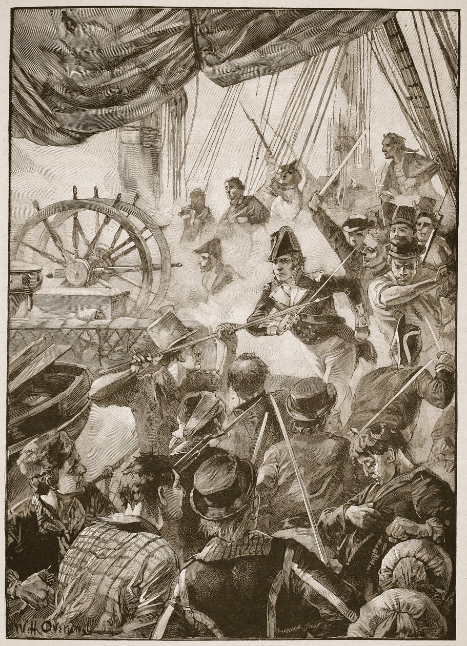 Ett trettiotal av besättningen gjorde en liten uppvisning av motstånd, illustration från "Battles of the Nineteenth Century" av Archibald Forbes, G.A. Henty och major Arthur Griffiths av William Heysham Overend