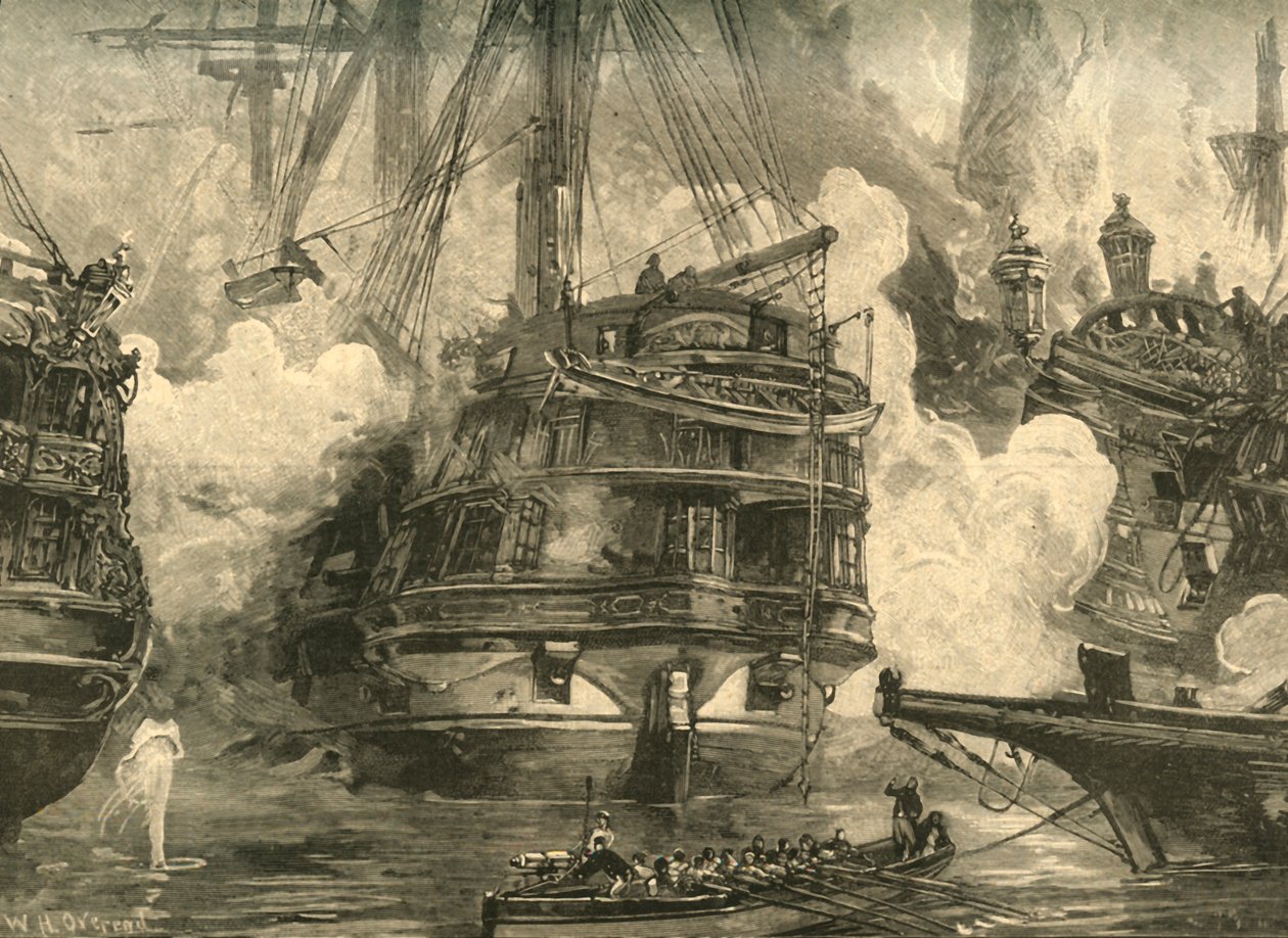 Slaget vid Navarino: HMS Asia engagerar fartygen Capitan Bey och Moharram Bey, 1827 c1890. av William Heysham Overend
