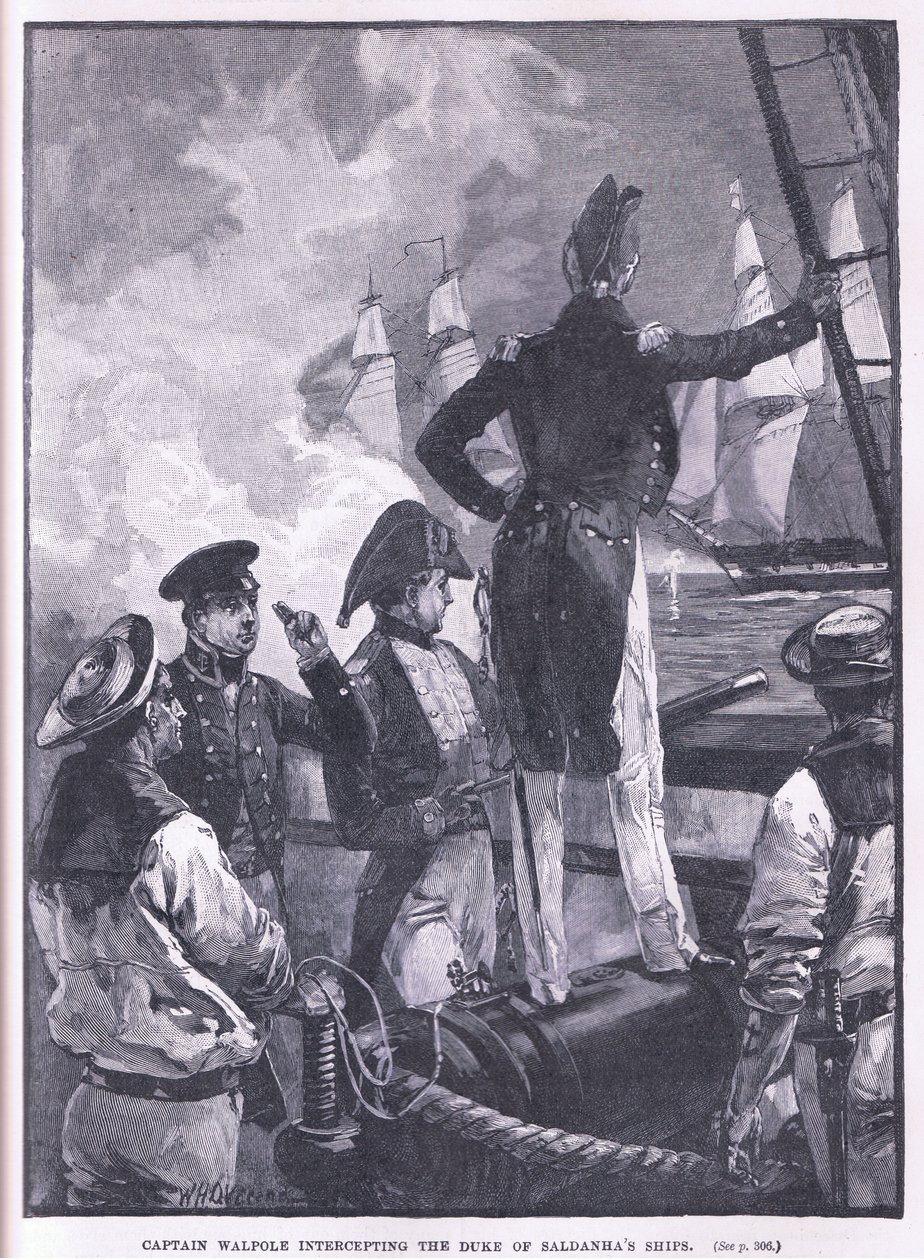 Kapten Walpole avlyssnar hertigen av Saldanhas fartyg. av William Heysham Overend