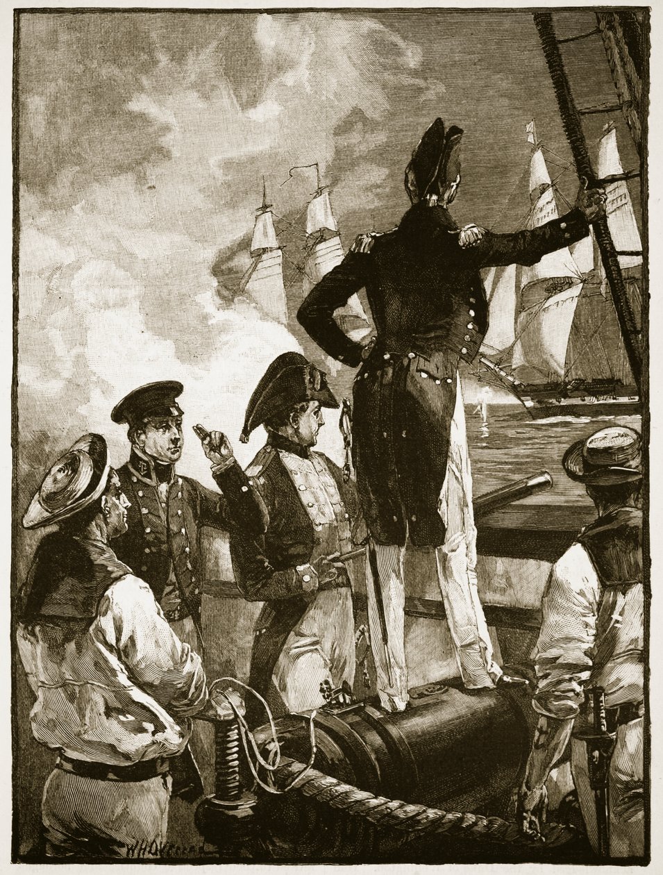 Kapten Walpole som avlyssnar hertigen av Saldanhas fartyg, illustration från Cassell