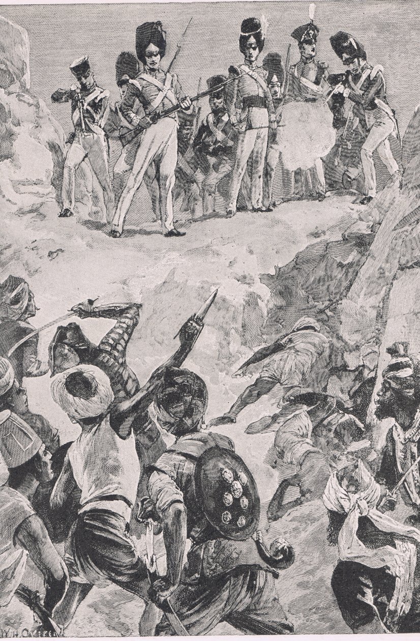 Carmichaels anhängare sköt en salva in i det täta klustret av män: Slaget vid Bharatpur 1826, illustration från British Battles on Land and Sea, 1915 av William Heysham Overend