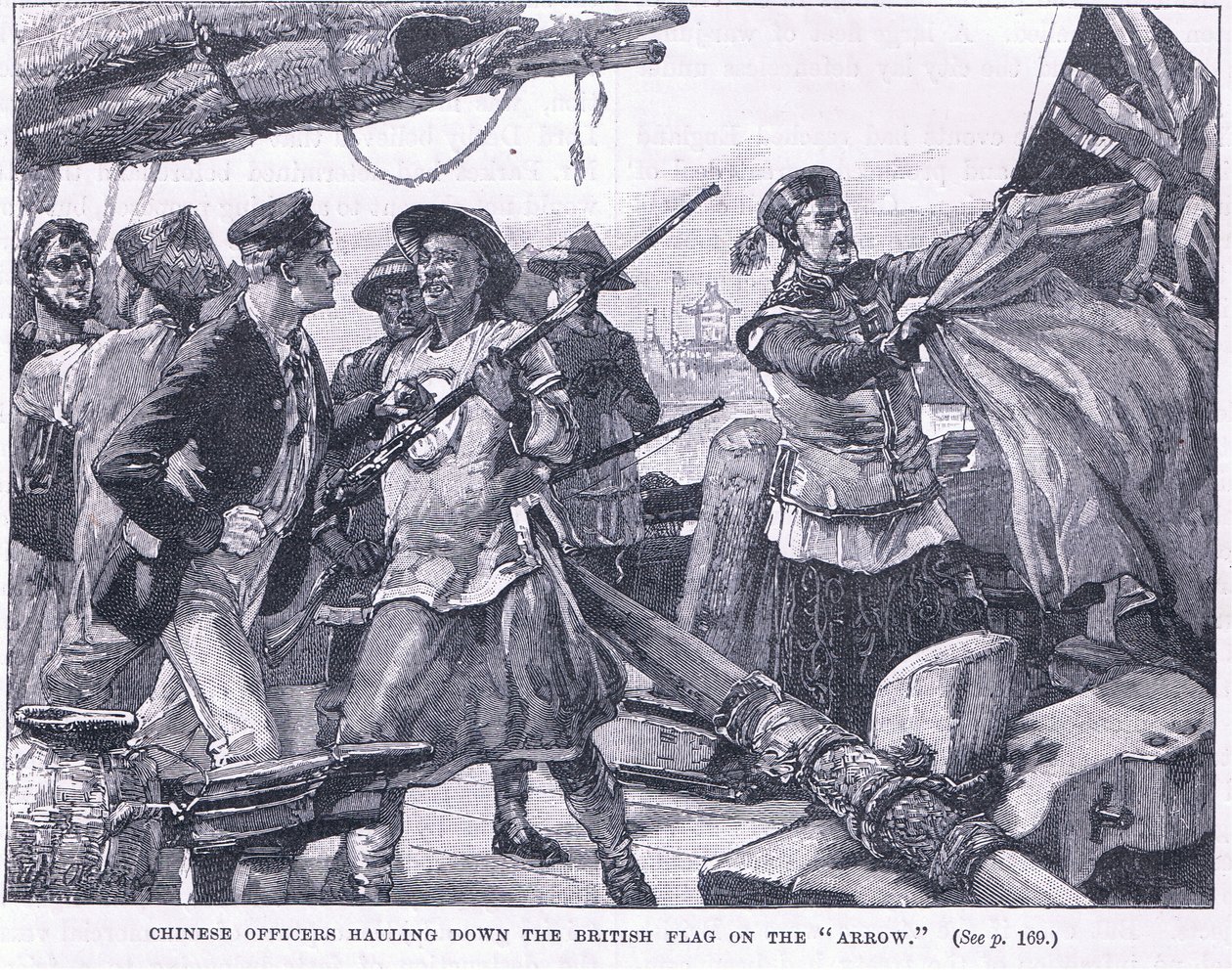 Kinesiska officerare drar ner den brittiska flaggan på "pilen" 1856 AD av William Heysham Overend