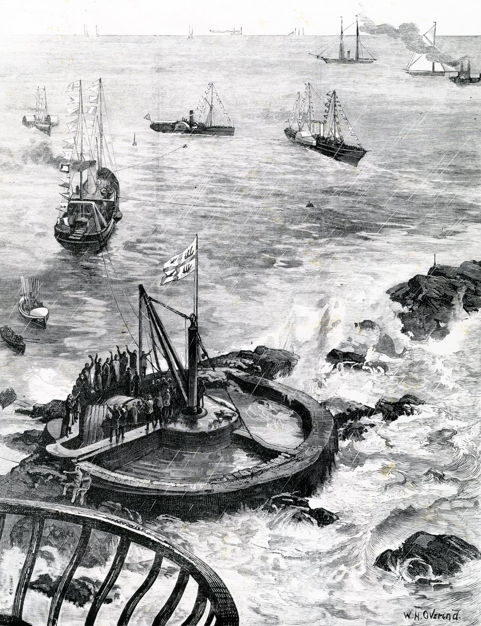 Prinsen av Wales och hertigen av Edinburgh lägger grundstenen till den nya Eddystone-fyren, illustration från "The Illustrated London News", 1879 av William Heysham Overend