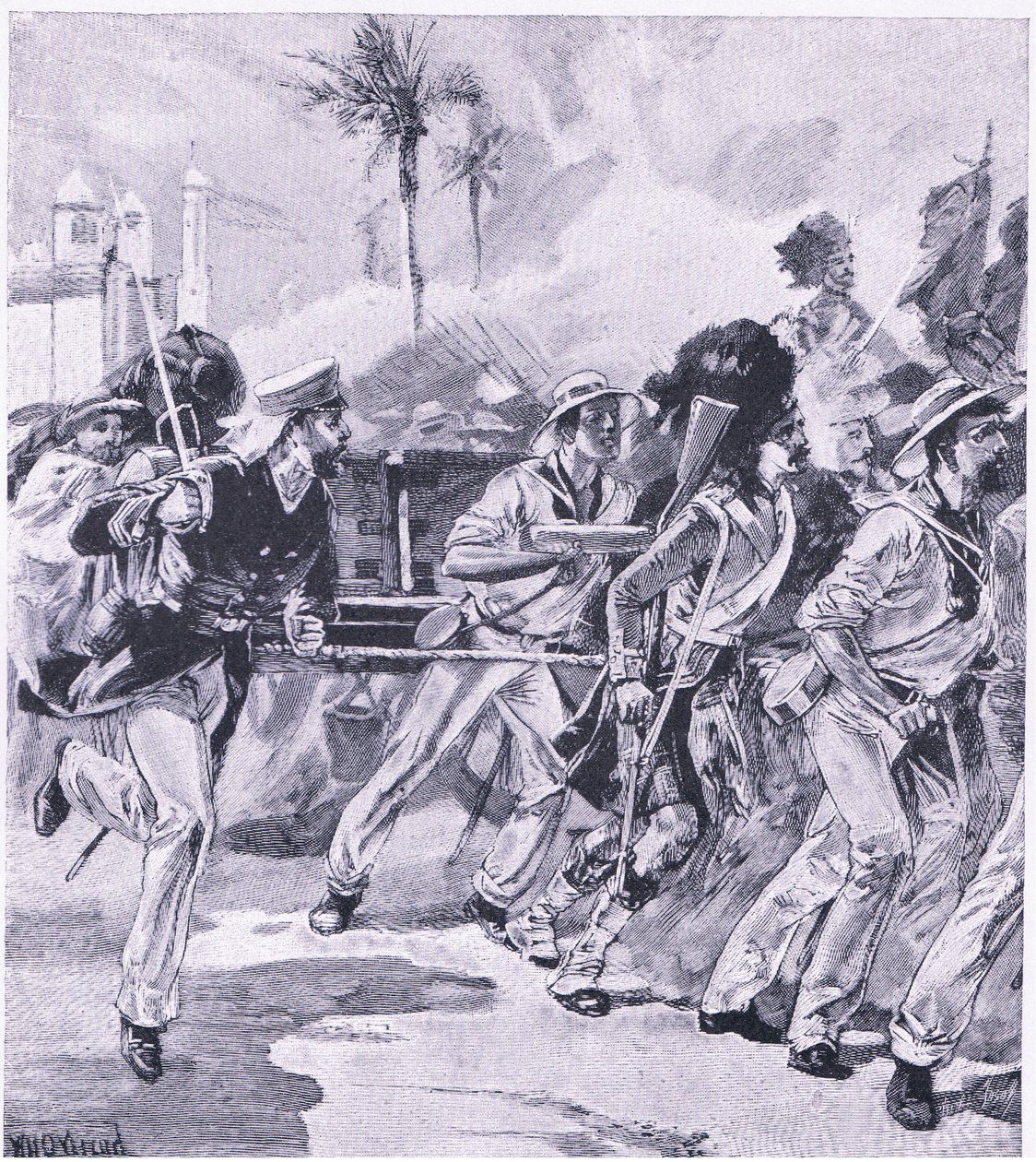 Sjöbrigaden från HMS Shannon i Lucknow, november 1857, illustration från British Battles on Land and Sea, 1915 av William Heysham Overend