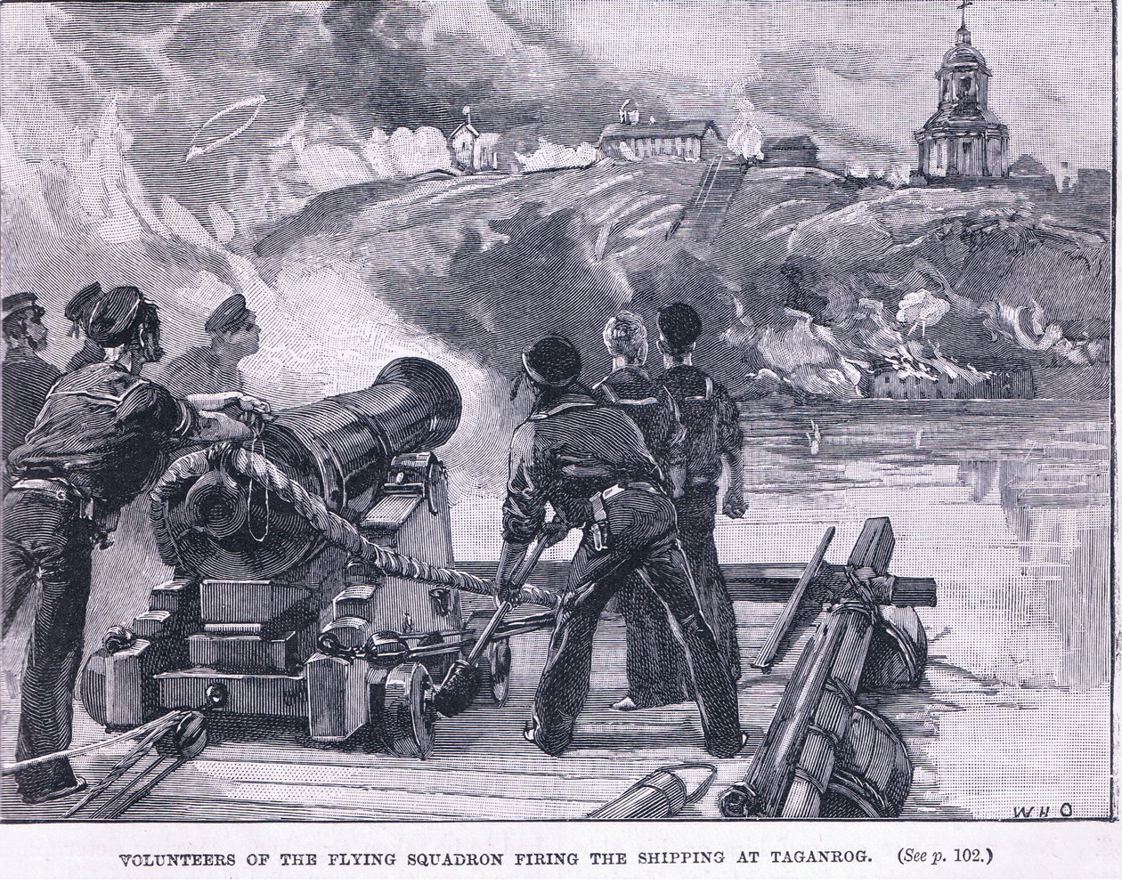 Frivilliga från den flygande skvadronen som skjuter på sjöfarten vid Taganrog 1855 AD av William Heysham Overend