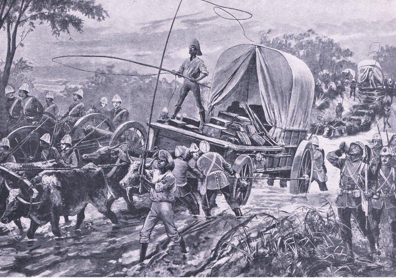 Zulu War: The Estowe Relief Force crossing a stream, april 1879, illustration från British Battles on Land and Sea, 1915 av William Heysham Overend