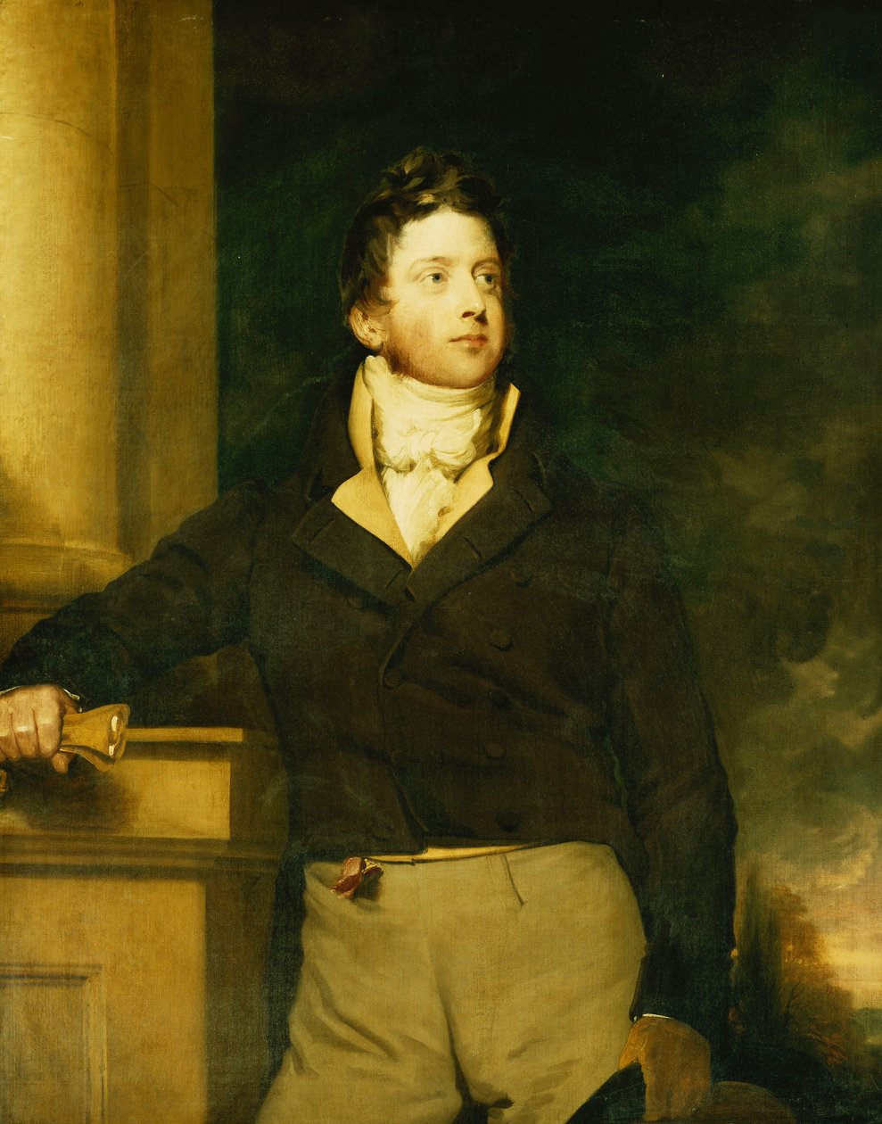 Porträtt av en gentleman, stående, trekvartslängd, iklädd en brun jacka med vit Jabot, i ett landskap, av William Hilton