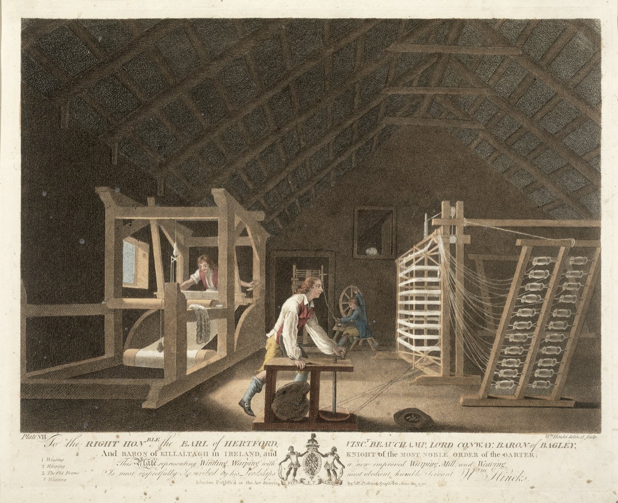 Uppspolning, varpning med en ny förbättrad varpkvarn och vävning, plansch VII i "The Linen Manufactory of Ireland", 1791 (färgad litografi). av William Hincks