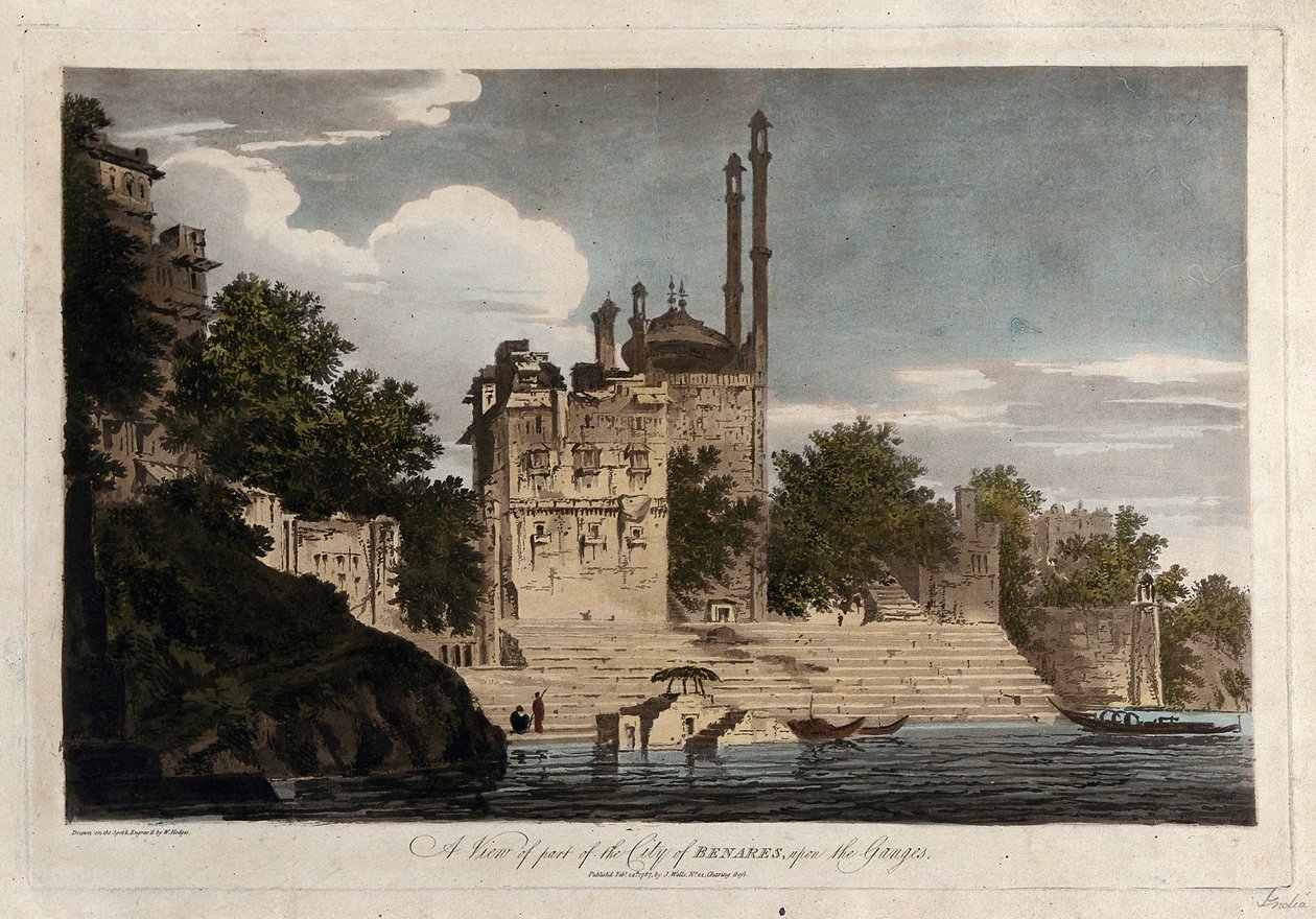 En vy över en del av staden Benares vid floden Ganges av William Hodges