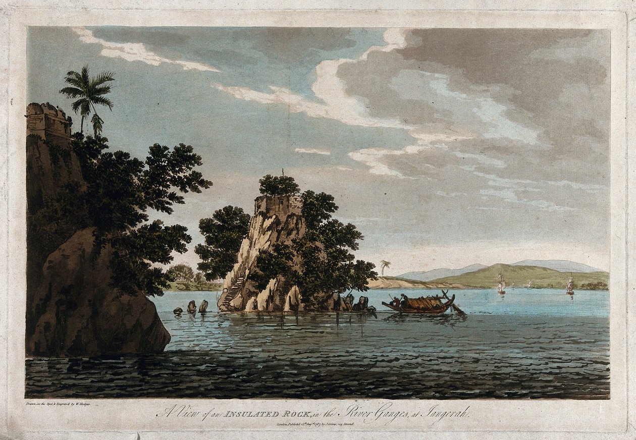 En vy över en isolerad sten i floden Ganges vid Jangerah av William Hodges
