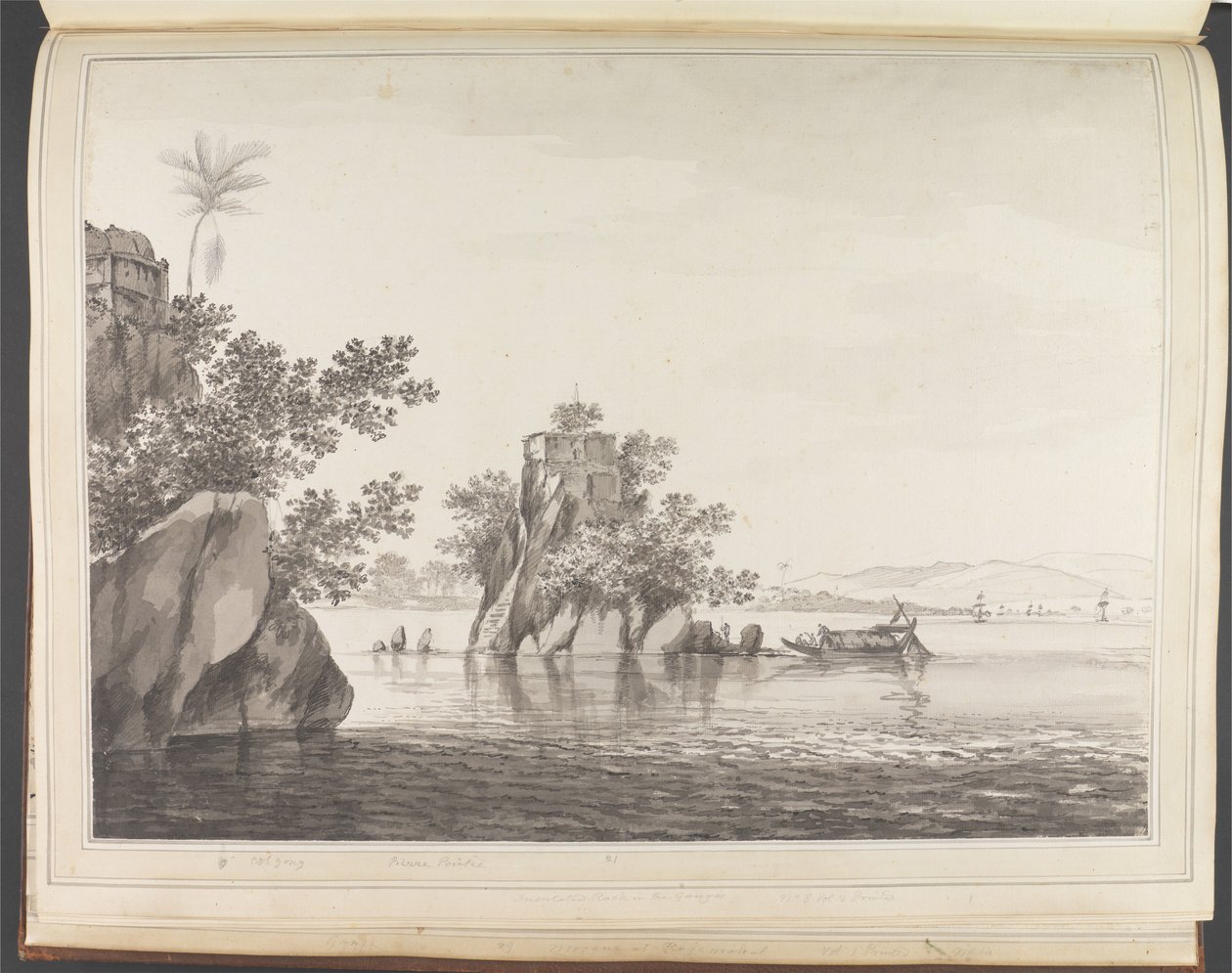 Vy över en isolerad klippa i floden Ganges vid Jangerah [Jahangira] av William Hodges