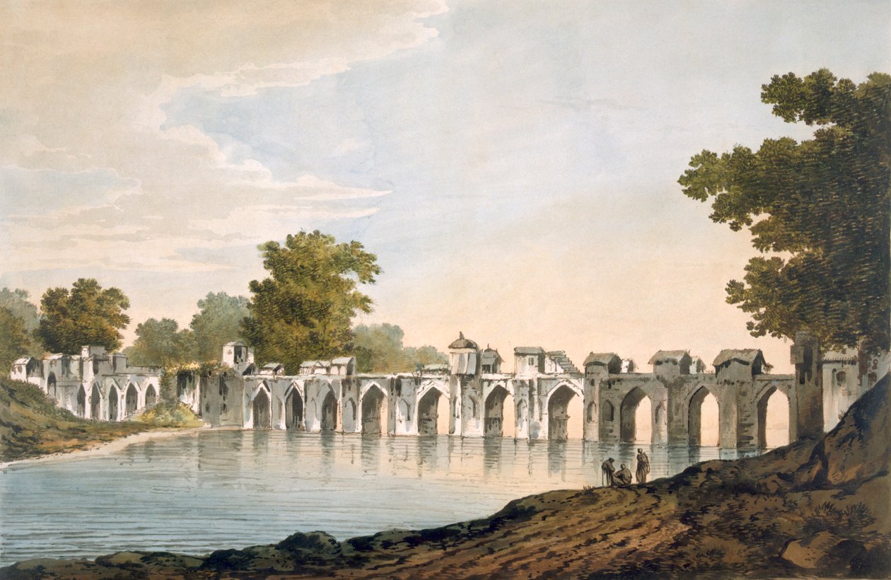 En utsikt över bron vid Ilionpoor över floden Goomty, pub. 1785-88. av William Hodges