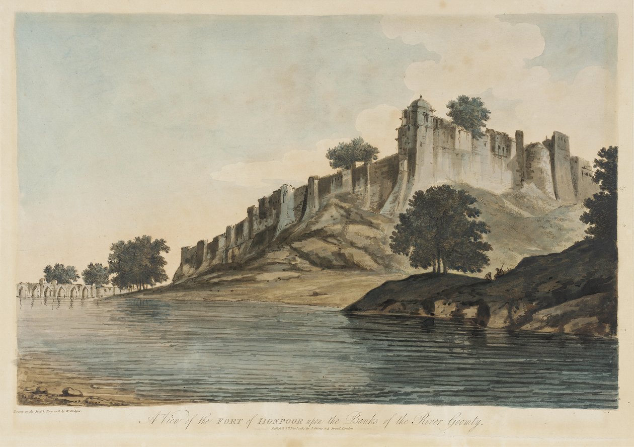En vy över fästningen i Iionpoor [Firuz Shah Tughluqs fästning, Jaunpur, Uttar Pradesh, 1360] vid floden Goomty [Gumti] ur ”Select Views in India” av William Hodges