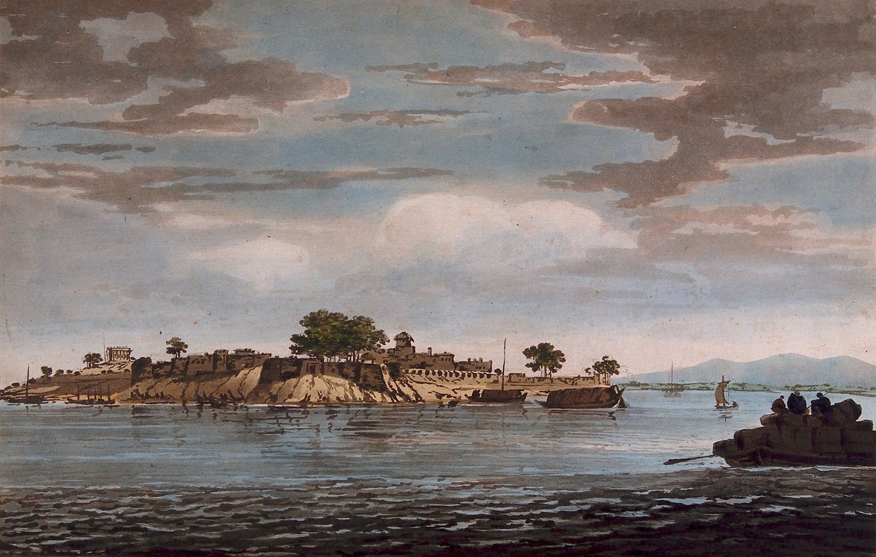 En vy över fortet Mongheer, vid stranden av floden Ganges av William Hodges