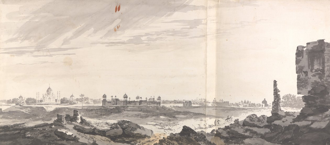 En vy över ruinerna i Agra och Taj Mahal av William Hodges