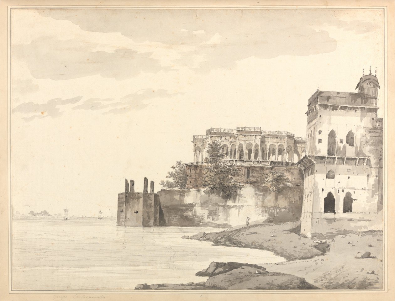 En vy över ruinerna av ett palats i Gazipoor [Ghazipur] vid floden Ganges av William Hodges