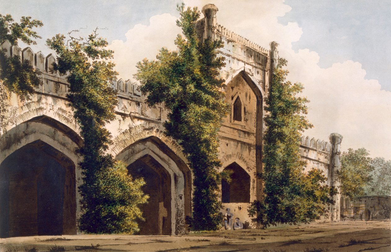 Utsikt över en moské i Rajemahel, 1785-88 (färgad akvatint) av William Hodges