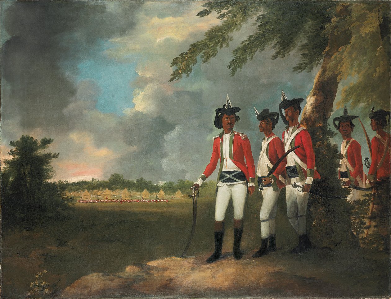 Läger på tusen män bildat av Augustus Cleveland tre miles från Bhagalpur, med hans herrgård i fjärran av William Hodges
