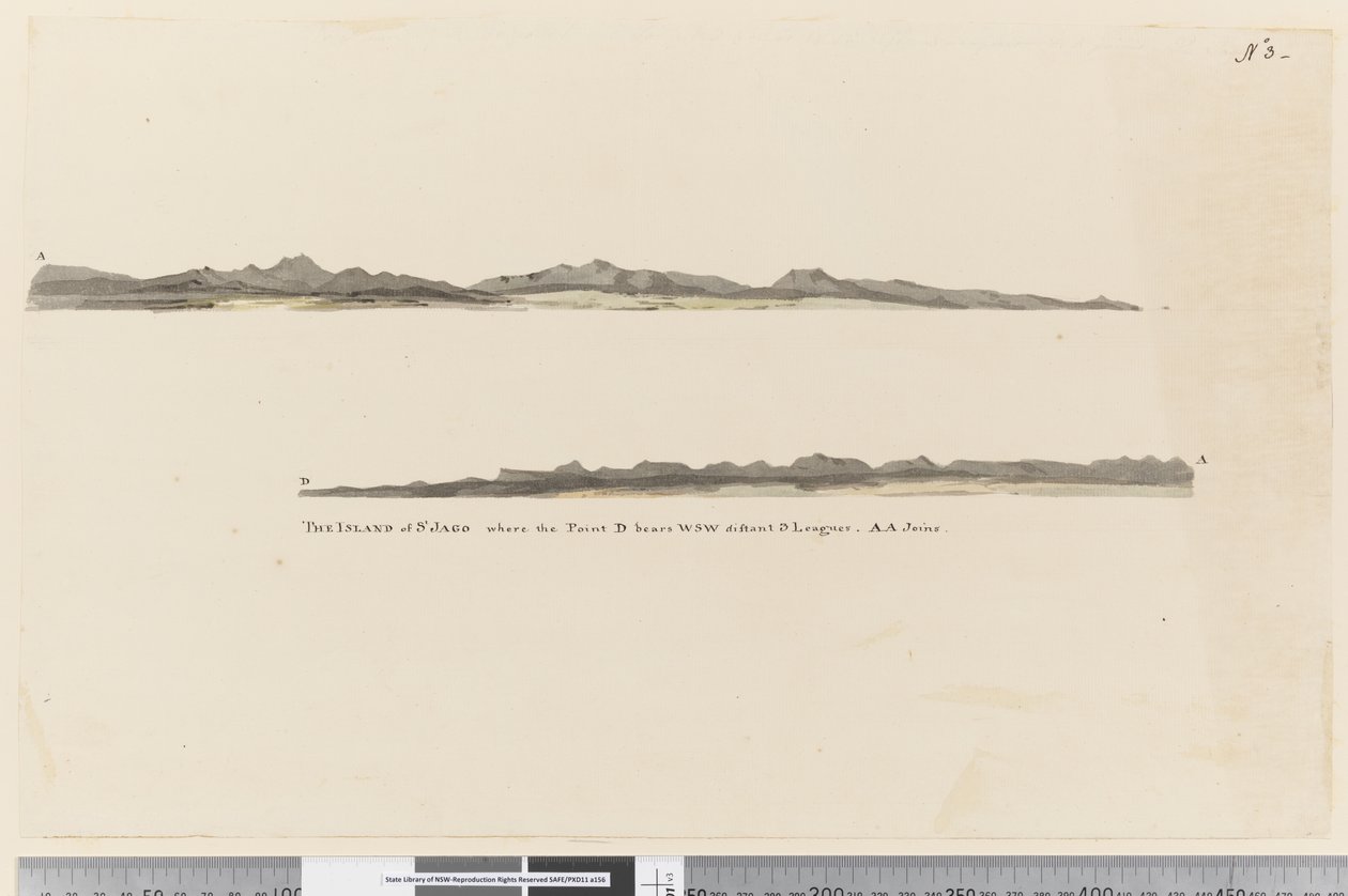 Page 3 Profil av ön St. Jago, Kap Verde Island. Med titeln The Island of St Jago där punkten D bär WSW avlägsna 3 ligor. AA ansluter sig av William Hodges
