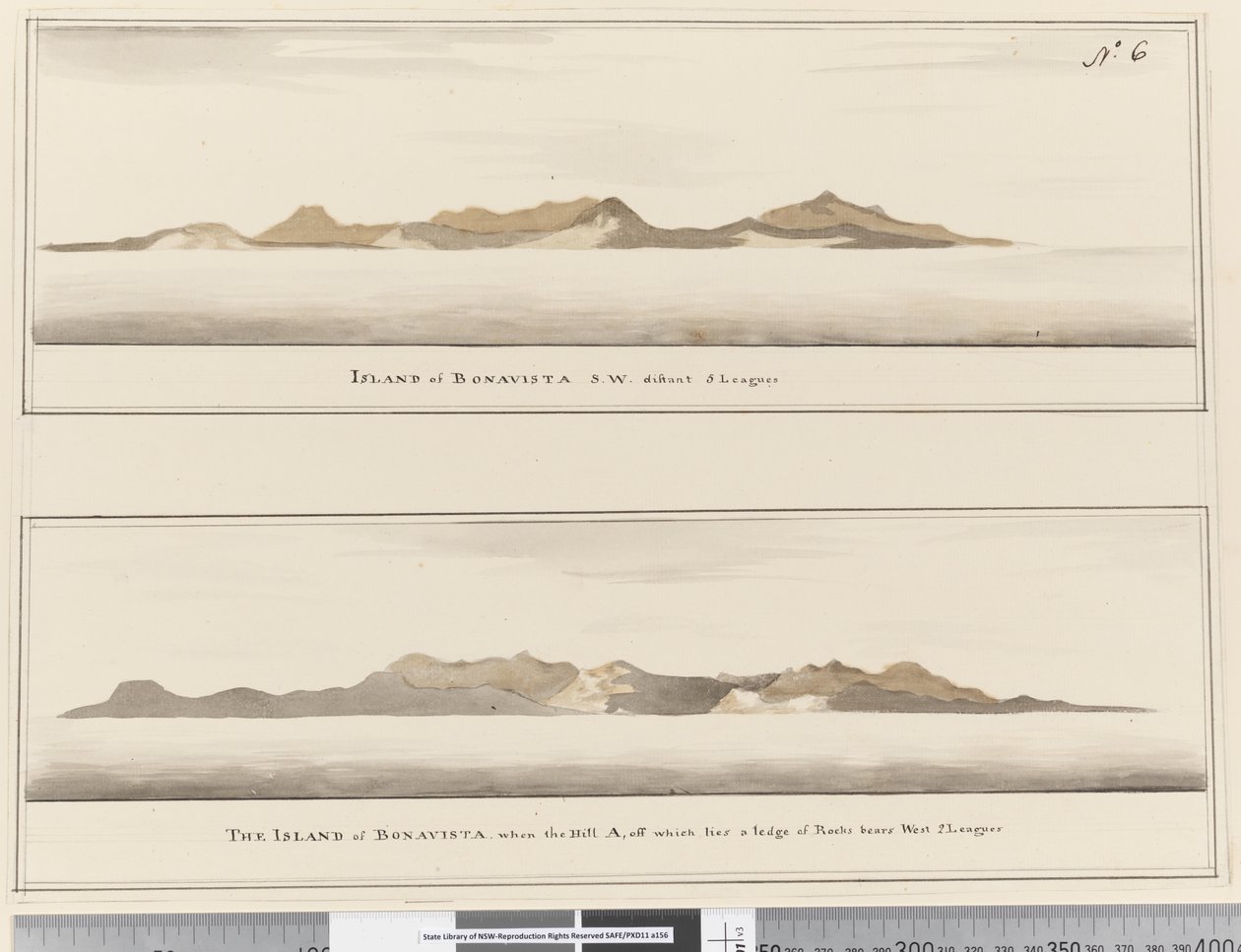 Page 6 Ön Bonavista: 2 profiler. Med titeln: "Ön Bonavista S.W. avlägsna 5 ligor" och "Ön Bonavista när kullen A, utanför vilken ligger en avsats av klippor bär västra 2 ligor" av William Hodges