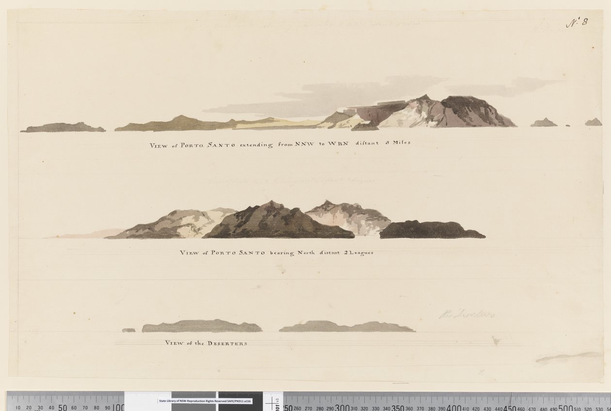 Sida 8 (a) Vy över Porto Santo som sträcker sig från NNW till WBN avlägset 5 miles (b) Vy över Porto Santo som bär norra avlägsna 2 ligor och (c) Vy över Desertörerna av William Hodges