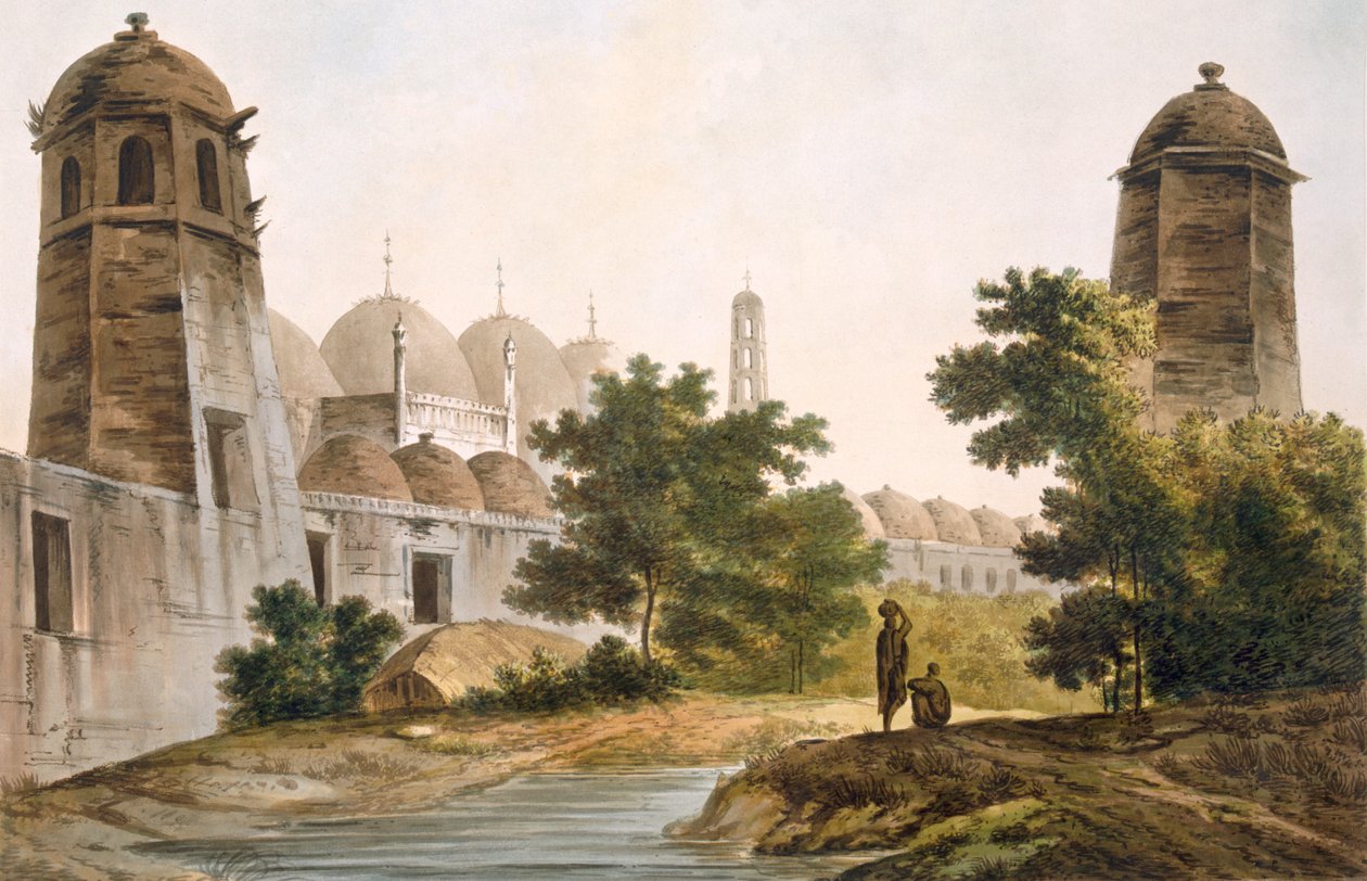Pl. 41 A View of the Cuttera byggd av Jaffeir Cawn på Muxadavad, från "Select Views in India", pub. 1785-88 (färgad etsning med akvatint) av William Hodges