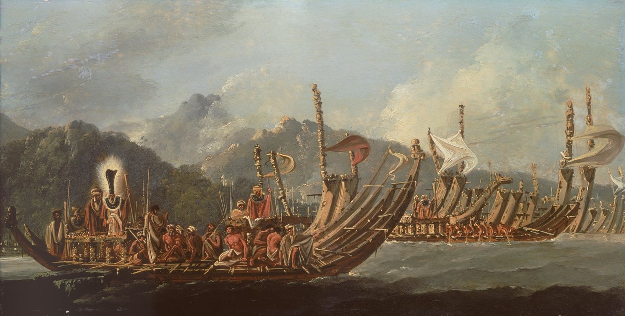 Granskning av krigsgalärerna på Tahiti av William Hodges