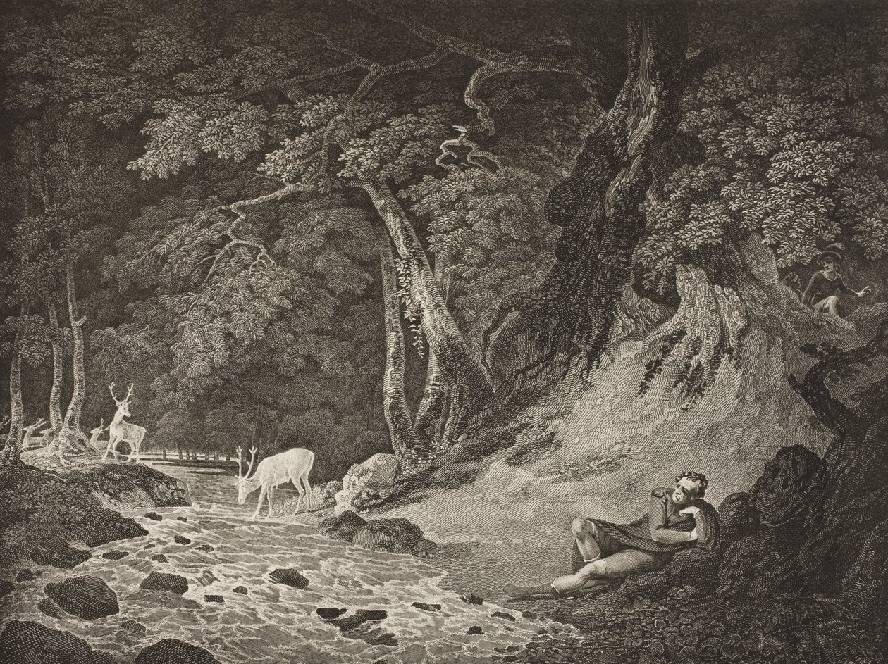 The Forest of Arden, Act II, Scene I, från "As You Like It", från The Boydell Shakespeare Gallery, publicerad i slutet av 1800-talet av William Hodges