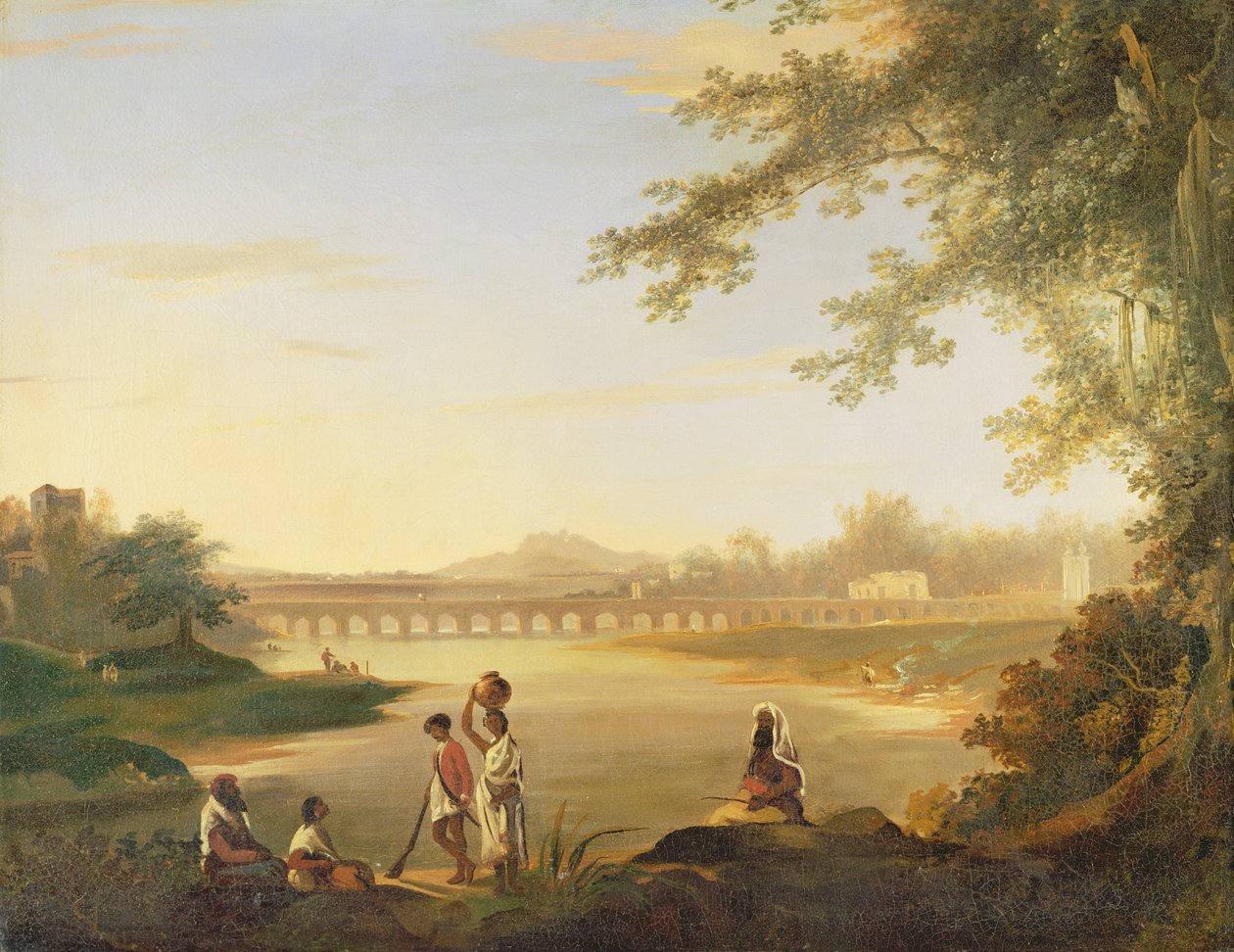Marmalongbron, med en Sepoy och infödda i förgrunden, c.1783 av William Hodges