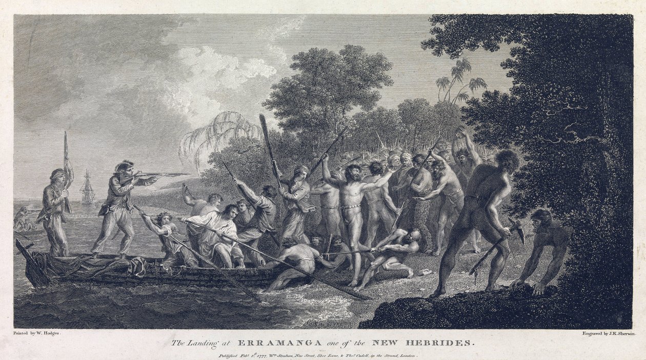 Landstigningen vid Erramanga (eller Eromanga), en av öarna i Vanuatu (tidigare Nya Hebriderna, ögrupp i Stilla havet), visar besättningen på en kanot som slåss med krigare från ön av William Hodges