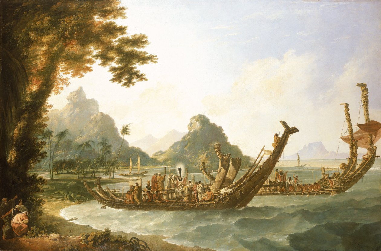 Krigsfartyg från ön Otaheite (Tahiti) och Samfundsöarna, med utsikt över en del av hamnen i Ohaneneno, på ön Ulieta, en av Samfundsöarna av William Hodges