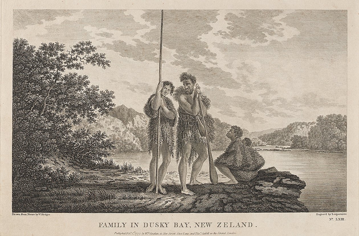 Utsikt över Bay of Islands (Dusky Bay) (Nya Zeeland), med en maorifamilj. Gravyr (33,9x47,1 cm) efter en teckning av William Hodges (1744-1797), ca 1785. av William Hodges