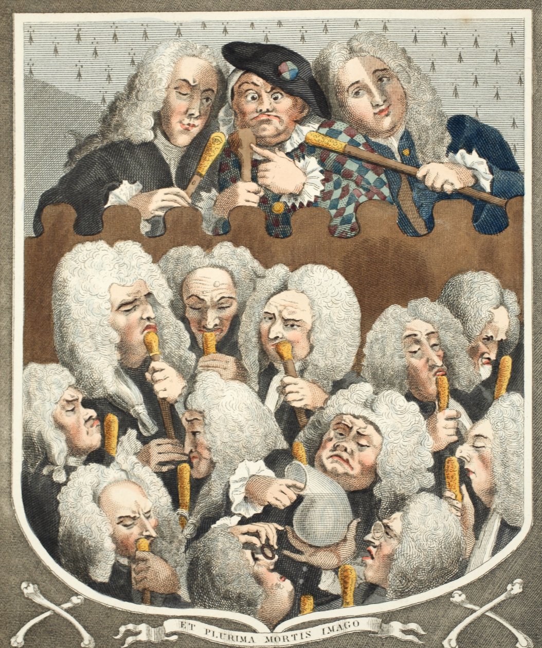 En konsultation av läkare, eller The Company of Undertakers, illustration från "Hogarth Restored: The Whole Works of the hyllade William Hogarth, ingraverad av Thomas Cook", pub. 1812 (handfärgad av William Hogarth