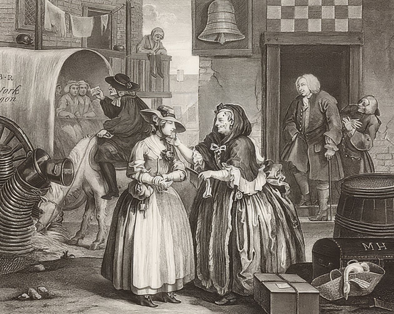 En sköka?S Framsteg / En horas väg, blad 1: Ankomst till London. 1732 av William Hogarth