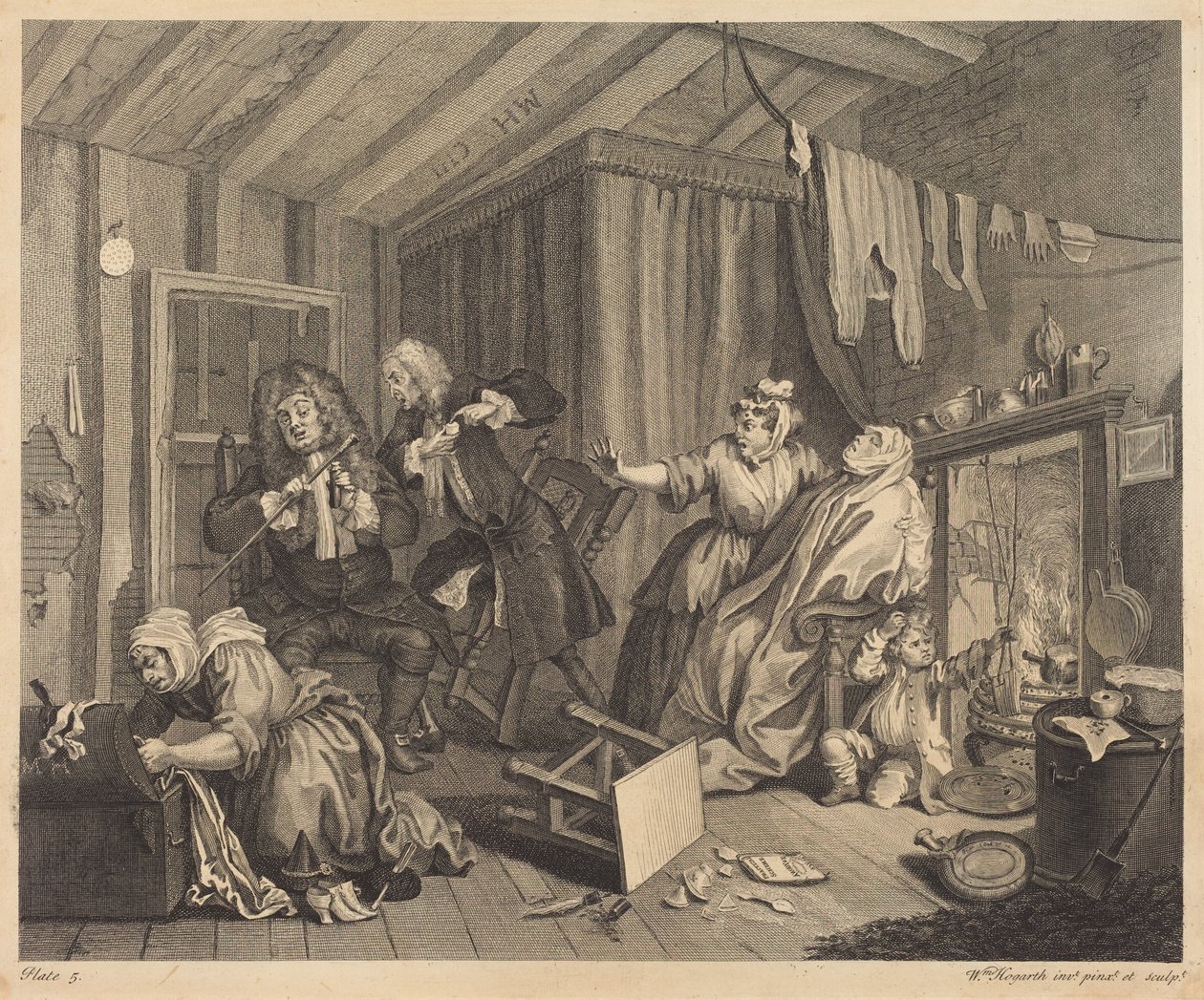 En prostituerads levnad: plansch 5 av William Hogarth