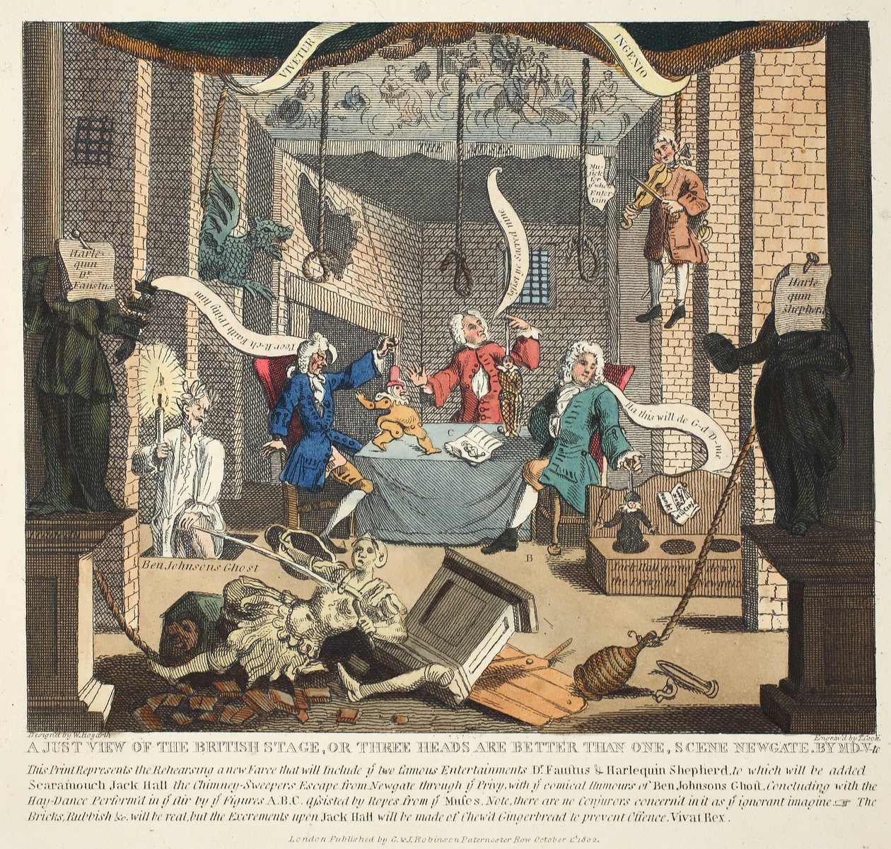A Just View of the British Stage eller Tre huvuden är bättre än ett, 1724, illustration från "Hogarth Restored: The Whole Works of the celebrated William Hogarth, re-engraved by Thomas Cook", pub. 181 av William Hogarth