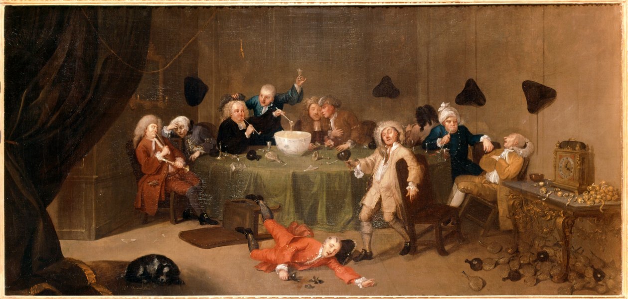 En modern konversation vid midnatt ... (olja på duk) av William Hogarth