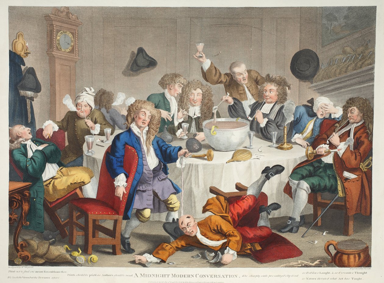 A Midnight Modern Conversation, illustration från "Hogarth Restored: Hela verken av den berömde William Hogarth, ingraverat av Thomas Cook", pub. 1812 (handfärgad gravyr) av William Hogarth