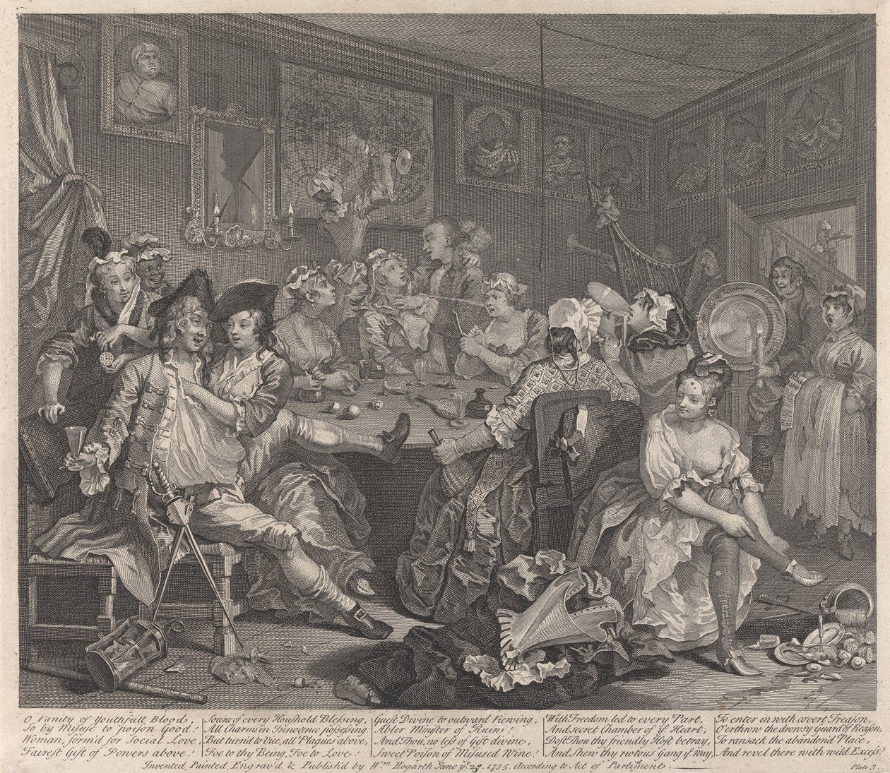 En slösarens levnad, plansch 3: Han festar av William Hogarth