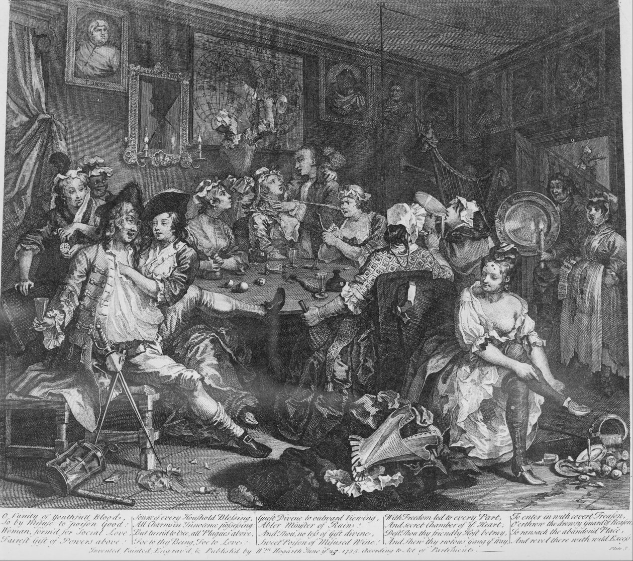 A Rakes framsteg, platta 3, The Tavern Scene av William Hogarth