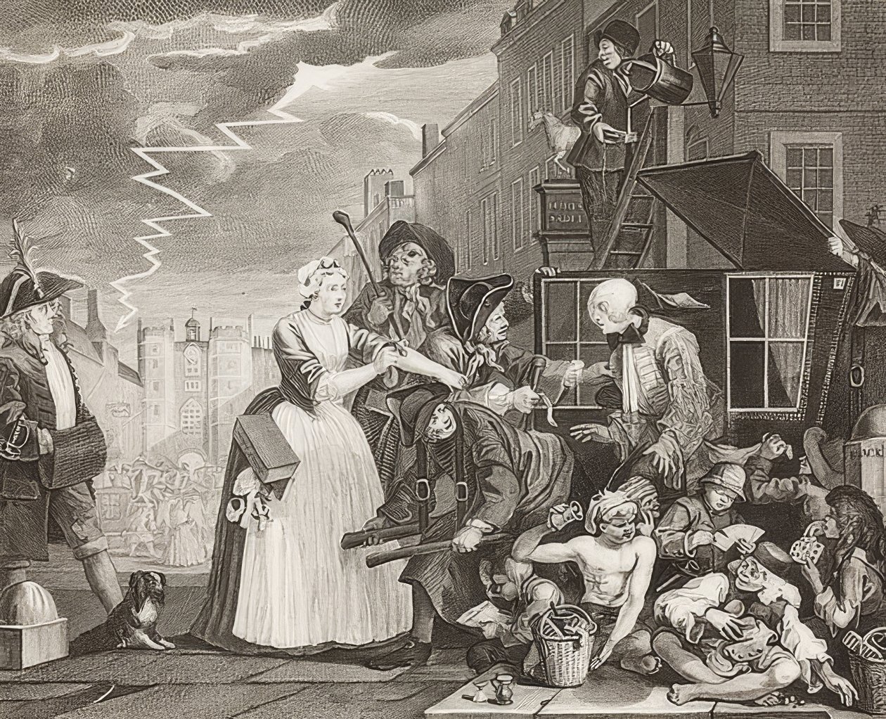 A Rake?S Progress, Plate 4: The Rake Arrested, Going to Court / Der Weg eines Liederlichen, Blatt 4: Tom Rakewell arresterades och räddades. 1735 av William Hogarth
