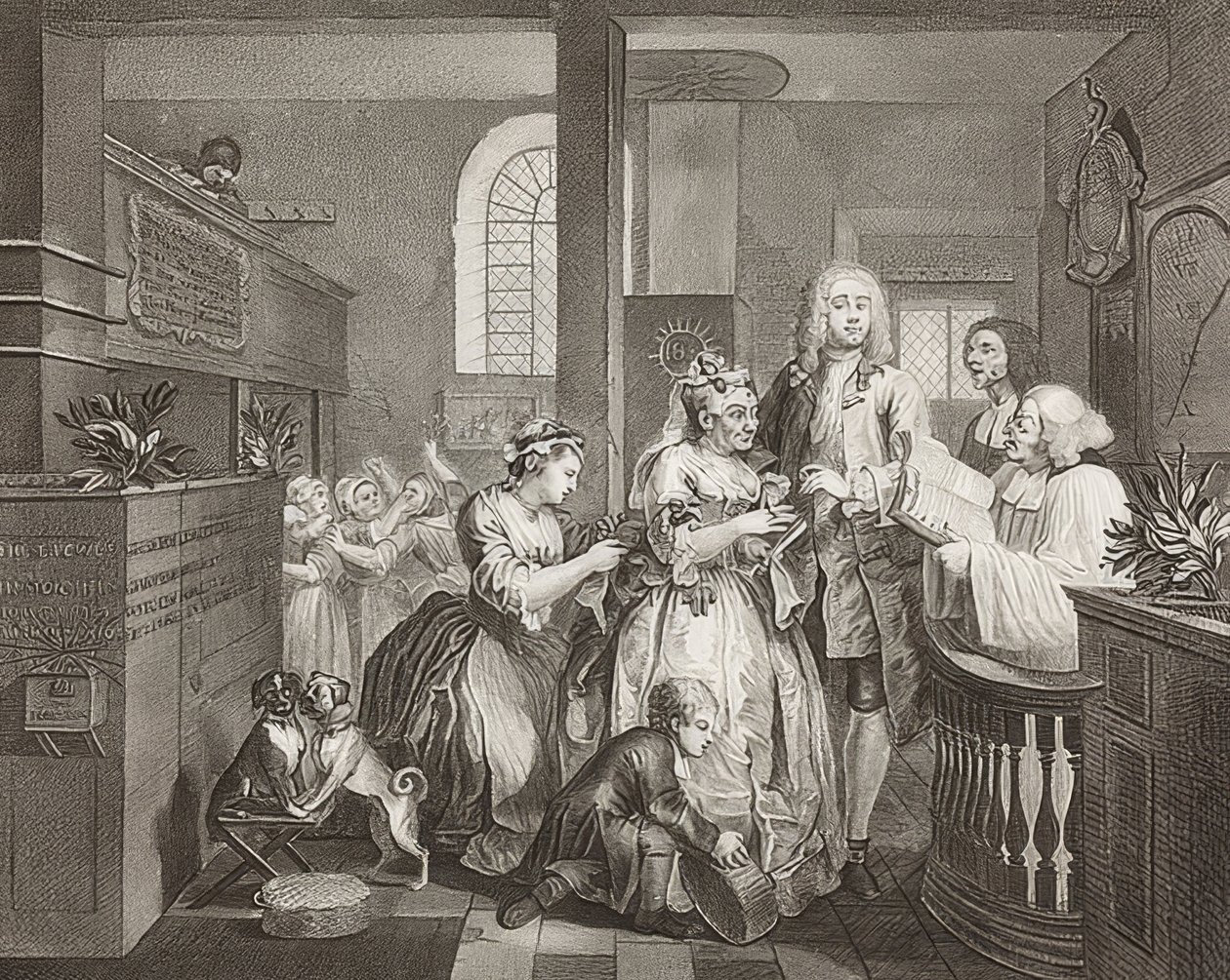 A Rake? S Progress, Plate 5: The Rake Marrying an Old Woman / The Path of a Dissolute, Blad 5: Tom Rakewell gifter sig med en rik gammal kvinna). 1735 av William Hogarth