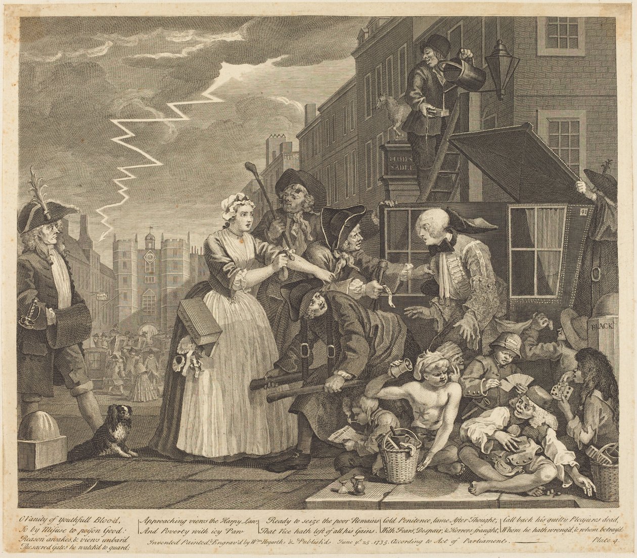 En rumlares karriär: plansch 4 av William Hogarth